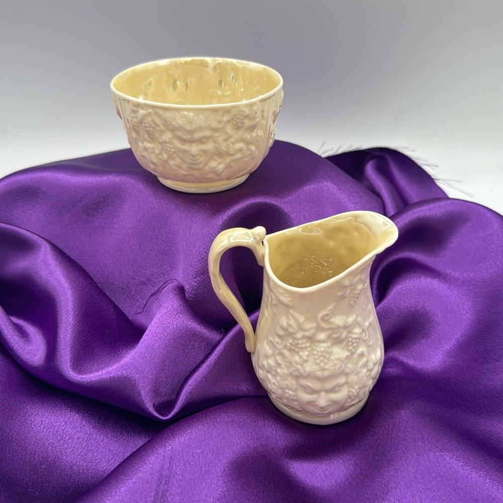 Belleek Bacchus High Relief Creamer & Sugar Bowl.  Iridescent inside, 3rd Mark